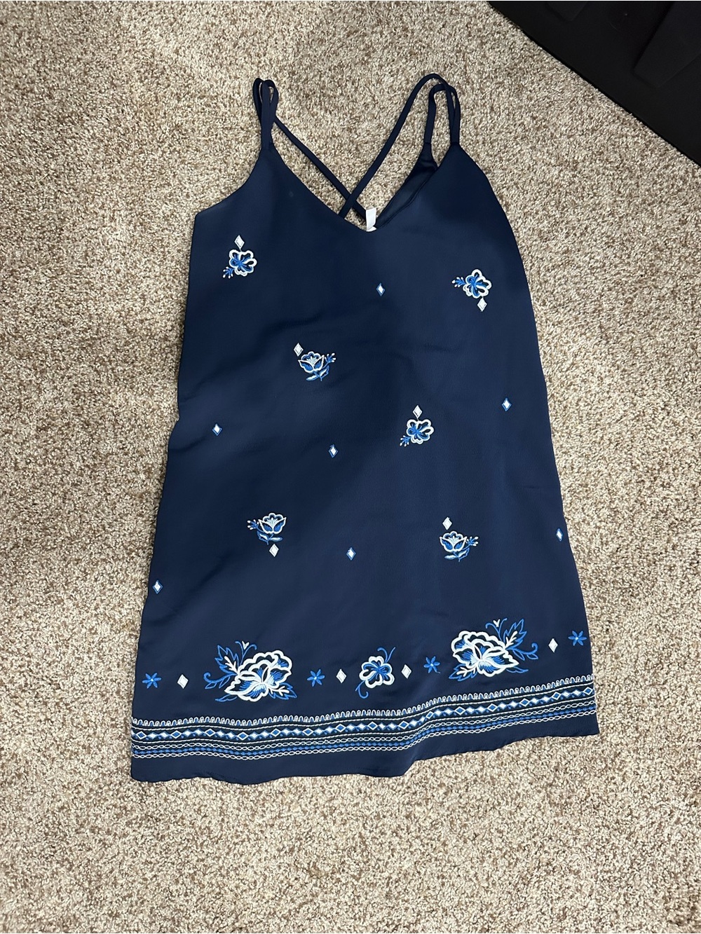 Xhilaration Navy Blue Strappy Slip Dress with Subtle Embroidery